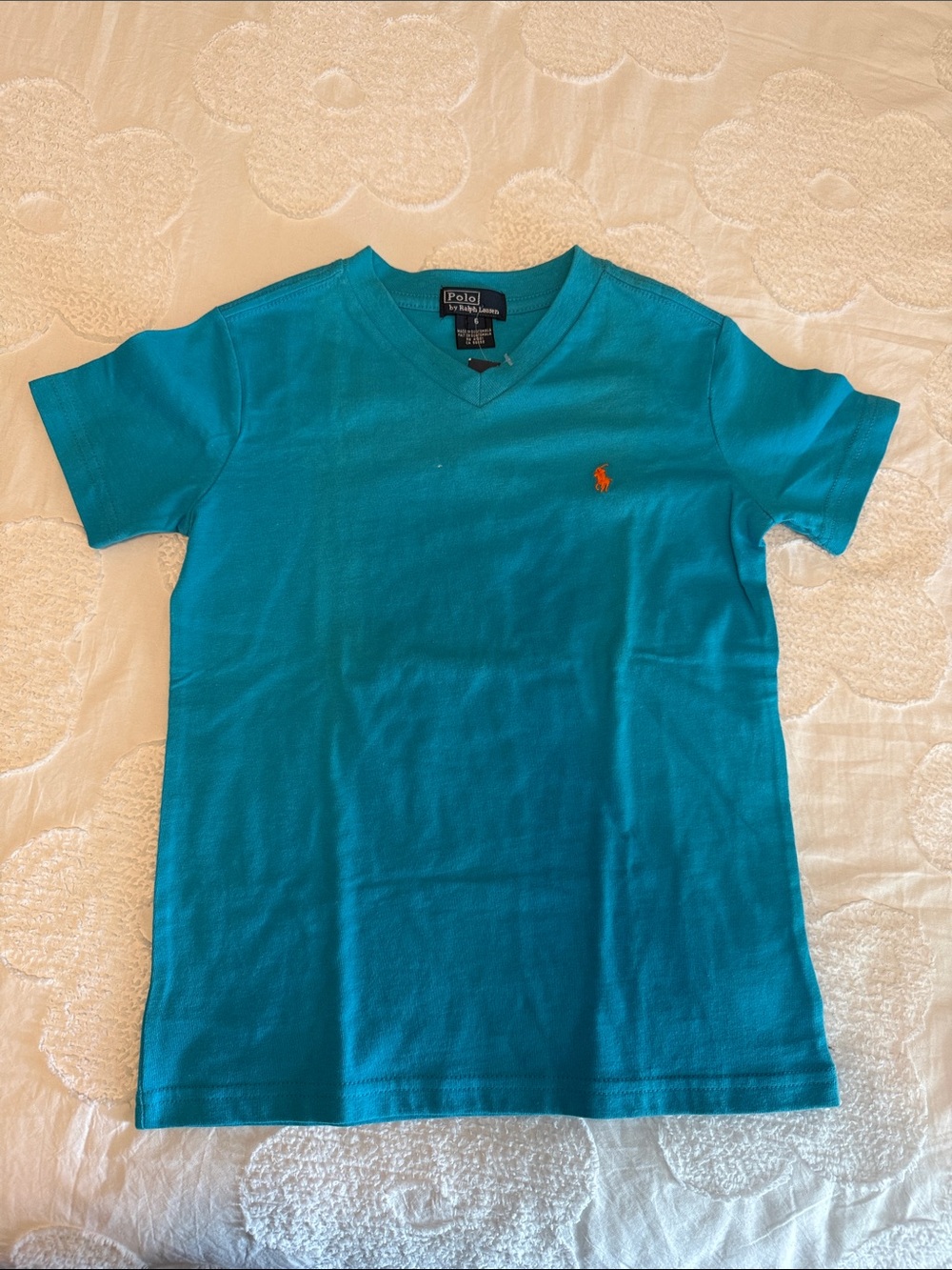 Polo by Ralph Lauren Teal V-Neck Tee with Orange Pony
